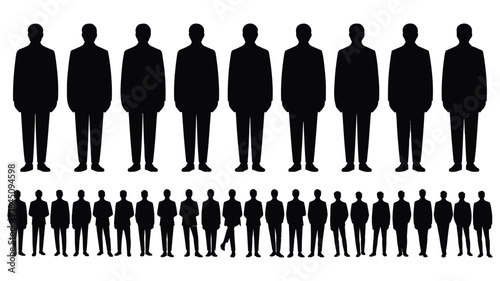 Set of male human silhouettes in business suits of various heights and sizes