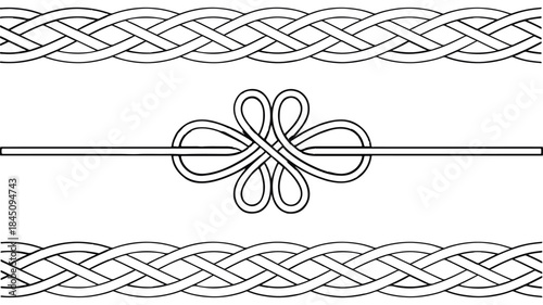 Set of three celtic knotwork borders and a decorative knot divider line, black and white line art illustration