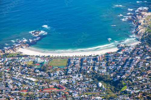 Camps Bay beach, the popular tourist destination aerial view from Table mountain - Cape town, South Africa