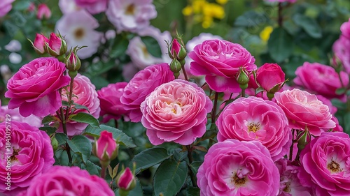 Beautiful pink roses blooming in garden with natural sunlight
