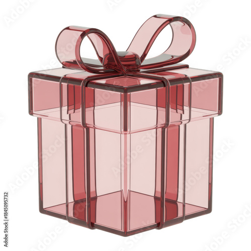 A modern transparent pink glass gift box with a delicate bow, isolated on black background