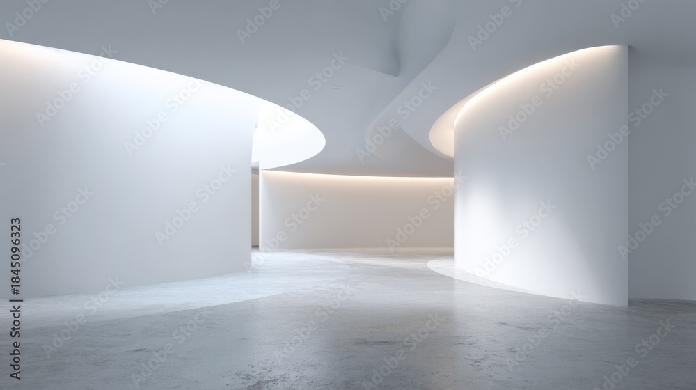 Obraz premium Modern White Interior with Curved Walls and Natural Light, Architectural Design and Minimalist Aesthetic