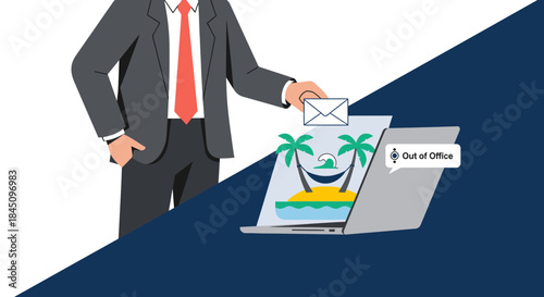 Businessman setting up an out-of-office email auto-reply for a tropical vacation, symbolizing a much-needed break from work and embracing work-life balance.