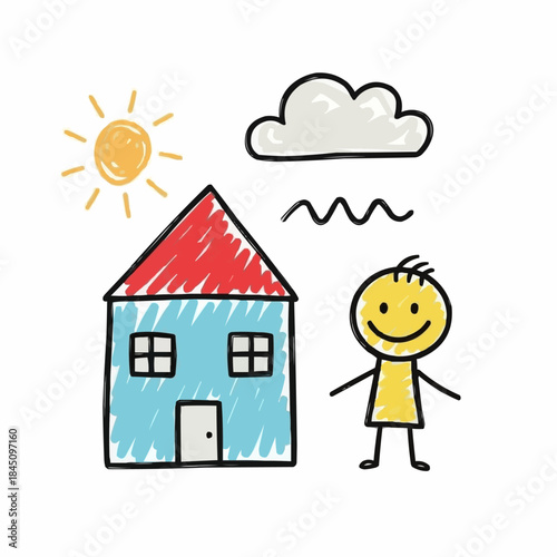 Childs drawing of a happy person standing next to a house.
