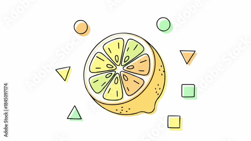 Vibrant Hand Drawn Lemon Slice with Abstract Shapes.