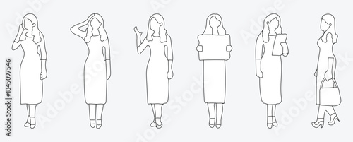 Women in view, Hand drawn, CAD style vector drawing, frontal view, standing. vector illustration.