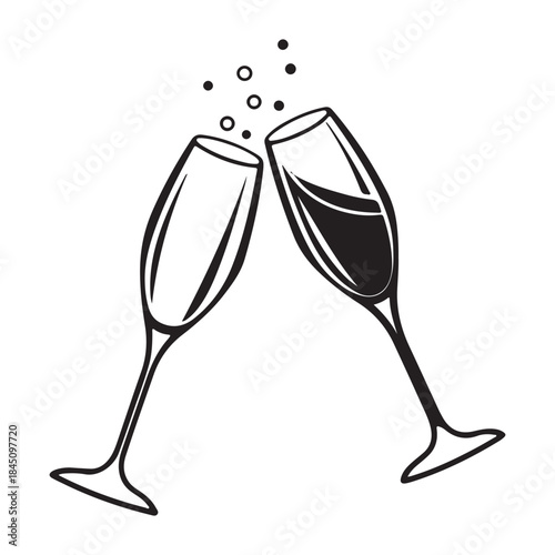 Two champagne flutes Silhouette toasting celebration isolated on white background festive event