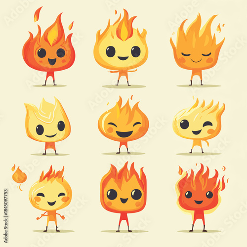 Set of groovy fire characters in retro style. Flat vector illustration. , vector style simple color