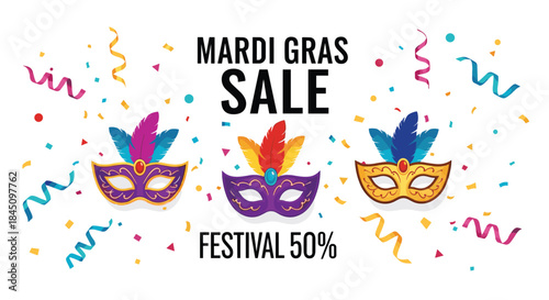 Colorful Mardi Gras Sale banner featuring festive masks, confetti, and streamers with a fifty percent festival discount.