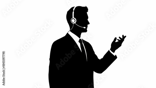 Silhouette of a man wearing a headset and suit talking.
