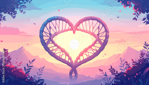 A vibrant pixel art landscape with a prominent heart-shaped double helix, illustrating love's deep connection and the harmonious essence of life unfolding at a serene dawn