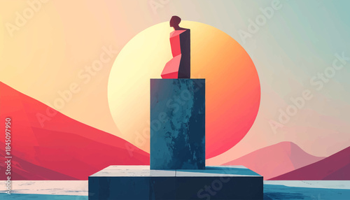 Abstract Figure on Pedestal Against a Vibrant Sunset Sky