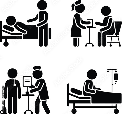 A comprehensive set of medical icons representing patient care and hospital staff interactions