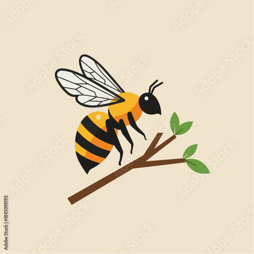Cute Cartoon Bee Perched on a Small Branch with Green Leaves.