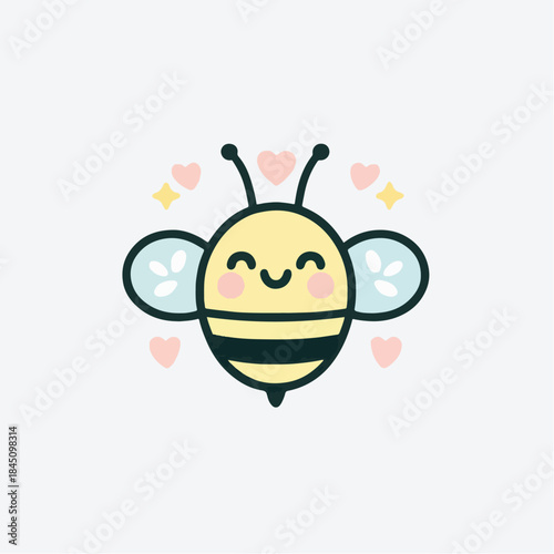 Cute cartoon bee with a happy face and wings flying around.