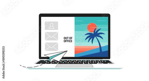Out of Office concept with a laptop screen split between work emails and a relaxing tropical beach vacation scene, symbolizing holiday escape.