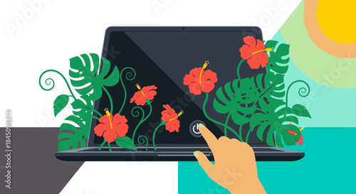 Creative digital concept: Hand touches a laptop screen adorned with vibrant hibiscus flowers and tropical leaves, blending technology with natural beauty.
