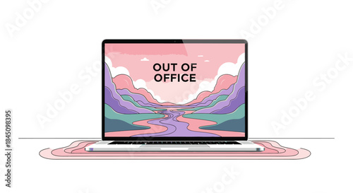 A modern laptop displays a vibrant, abstract landscape illustration with "Out of Office" text, symbolizing a much-needed break from work.