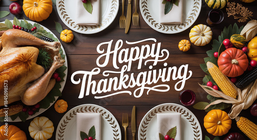  Elegant Thanksgiving Table Setting Overhead – Roasted Turkey Centerpiece with Autumn Pumpkins, Fall Leaves, Decorative Place Settings, and Harvest Celebration Decor in Warm Golden Lighting