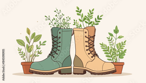 Illustration of boots with plants.