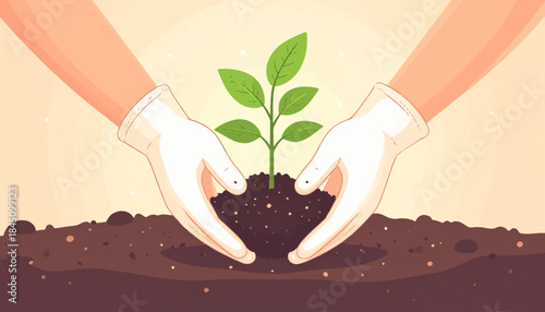 Hands Planting a Small Green Seedling.