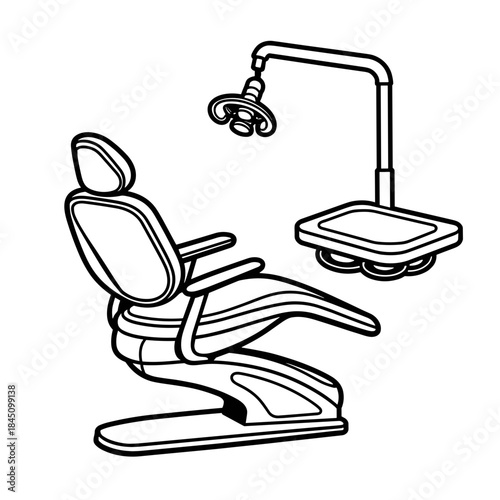 Dentist chair with overhead light, dental equipment and healthcare setting in line art illustration
