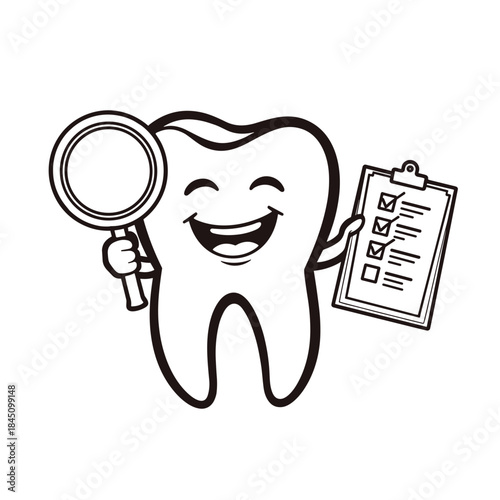 Tooth character with magnifying glass and checklist, dental health and oral hygiene education