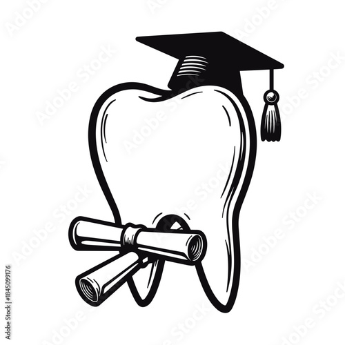 Tooth with graduation scroll and cap, dental education and academic achievement concept