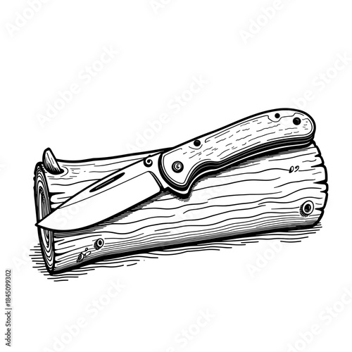 Pocketknife on wooden log, camping gear and outdoor utility tool