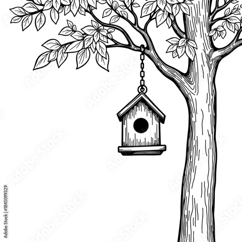 Birdhouse hanging from tree branch in summer, outdoor wildlife shelter and nature conservation
