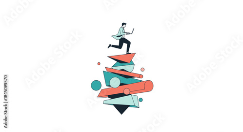 A determined professional with a laptop runs across a vibrant, abstract stack of geometric shapes, symbolizing dynamic challenges and agile progress within the modern business landscape.