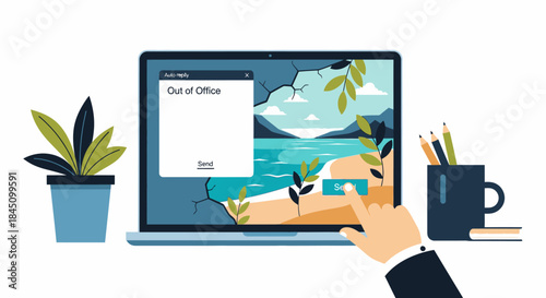 A person's hand clicks the send button on a laptop displaying an 'Out of Office' email, signifying a well-deserved break from work and embracing leisure time.