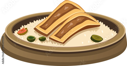 Illustrated Vietnamese comfort food with soft broken rice and flavorful pork topping.
