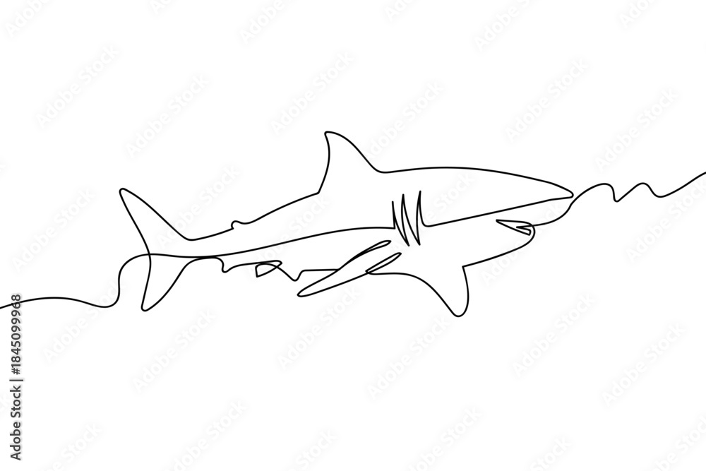 Obraz premium A single continuous line a shark is swimming in the deep sea. one line drawn. linear concept. Editable stroke.