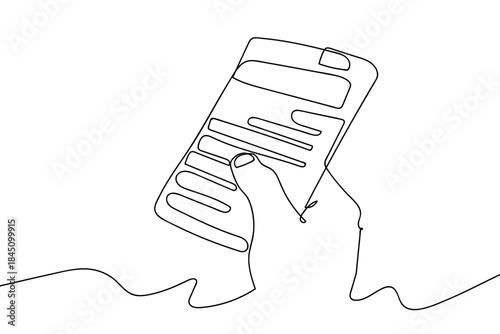 A continuous line forms as a hand holds a calculator. one line drawn. linear concept. Editable stroke.