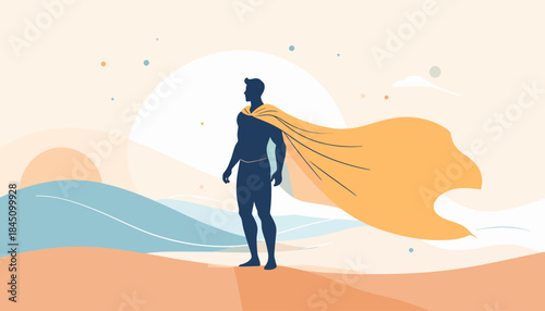 A silhouette of a man with a flowing yellow cape standing on a desert landscape under a large sun, symbolizing heroism and aspiration.