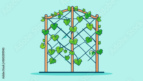 An illustration of a wooden garden trellis with green climbing plants and heart-shaped leaves on a light blue background.
