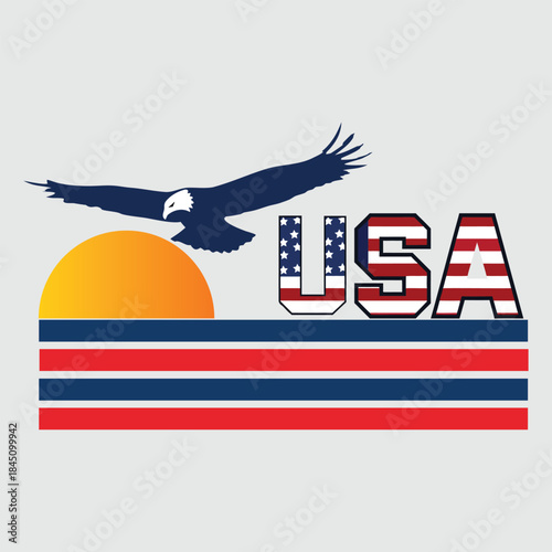Patriotic USA Design with Bald Eagle, Sunset, and American Flag Stripes  Independence Day Illustration