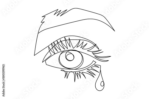 A single continuous line of tears appeared in the young woman's eye. one line drawn. linear concept. Editable stroke.