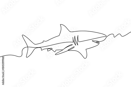 A single continuous line a shark is swimming in the deep sea. one line drawn. linear concept. Editable stroke.