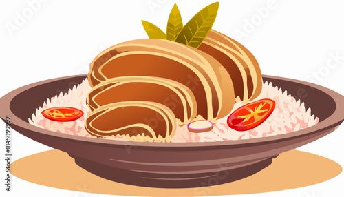 Traditional Vietnamese broken rice dish illustration, featuring tender pork and aromatic rice for culinary education.
