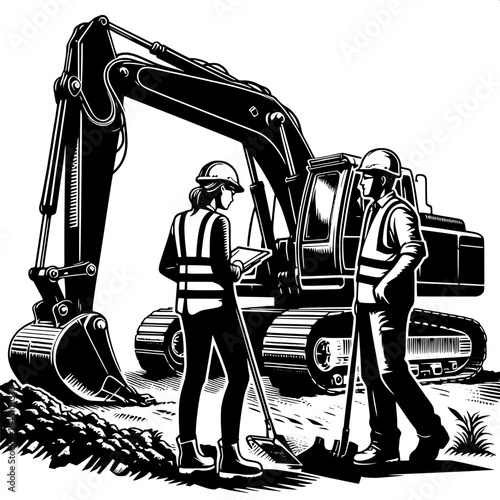 Excavator Digging with Two Workers