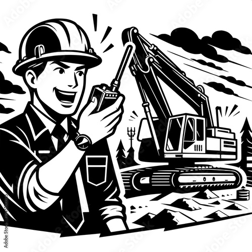 Excavator and Worker Using Walkie-Talkie