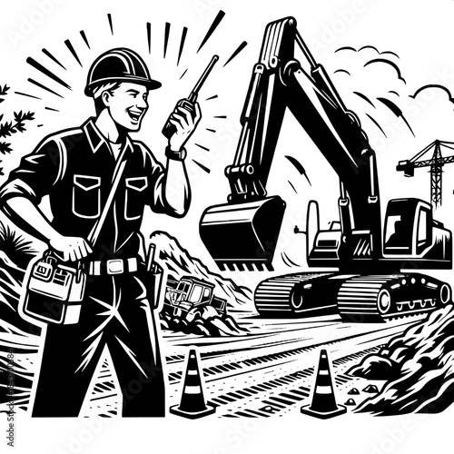 Excavator and Worker Using Walkie-Talkie