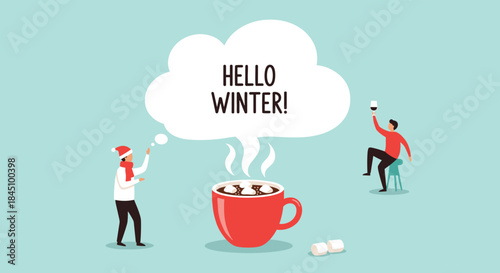 Cozy winter scene with miniature people enjoying a giant steaming mug of hot chocolate with marshmallows under a 'Hello Winter!' bubble.