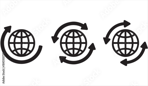 Global network icon set with globe and circular arrows in black
