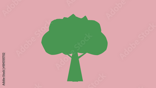 A vibrant green tree with a lush canopy against a soft pink background, simple flat design, nature inspired graphic element for decoration