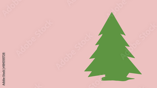 A green pine tree silhouette on a soft pink background, minimalistic illustration of a fir tree with triangular shape and layered branches