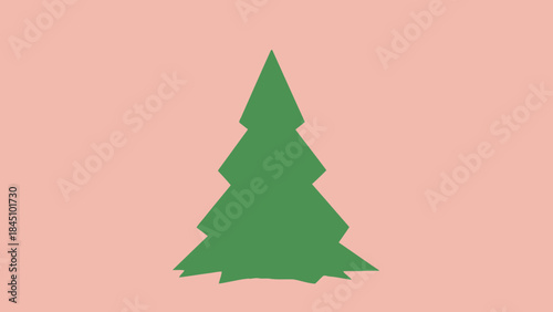 A green triangular pine tree silhouette on a soft pastel pink background