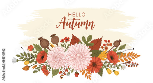 Beautiful 'Hello Autumn' greeting card design with calligraphy above a lush arrangement of fall flowers, leaves, and botanicals.